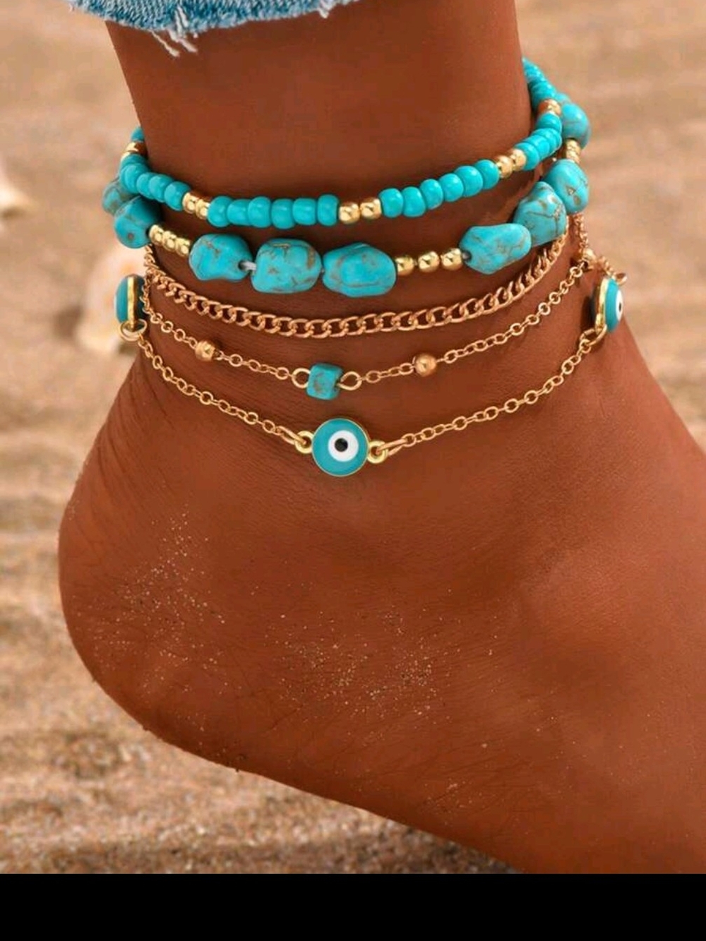 A016 Turquoise Beaded and Gold Charm Anklet Set - Women Jewelry